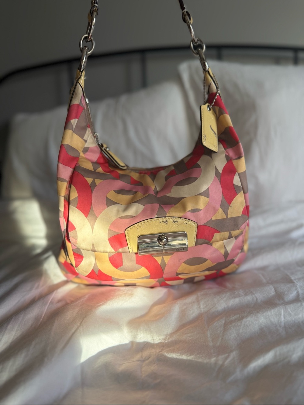 Coach Multicolor Pink Butter Yellow Retro Signature Shoulder Bag Hobo Flap Purse